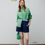 Light verde green cotton button-up shirt  and Navy Cotton Short, with relaxed fit and drop shoulders