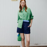 Light verde green cotton button-up shirt  and Navy Cotton Short, with relaxed fit and drop shoulders