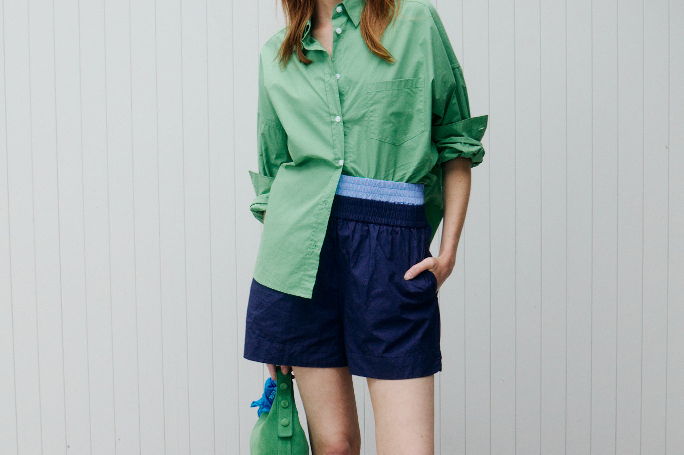 Light verde green cotton button-up shirt  and Navy Cotton Short, with relaxed fit and drop shoulders