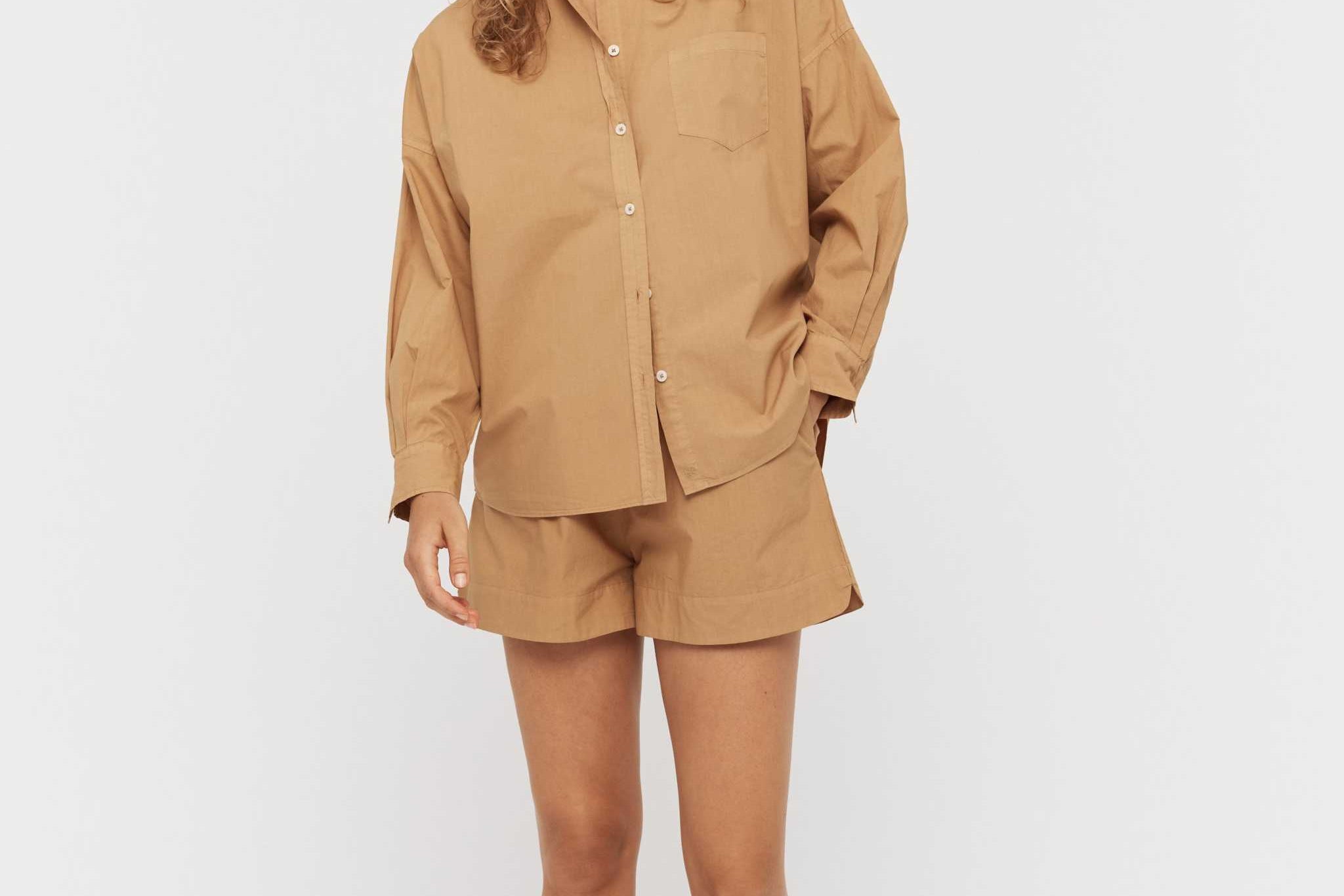Chiara Long Sleeve Shirt in toffee, classic button-up with chest pocket and relaxed fit, made from 100% cotton
