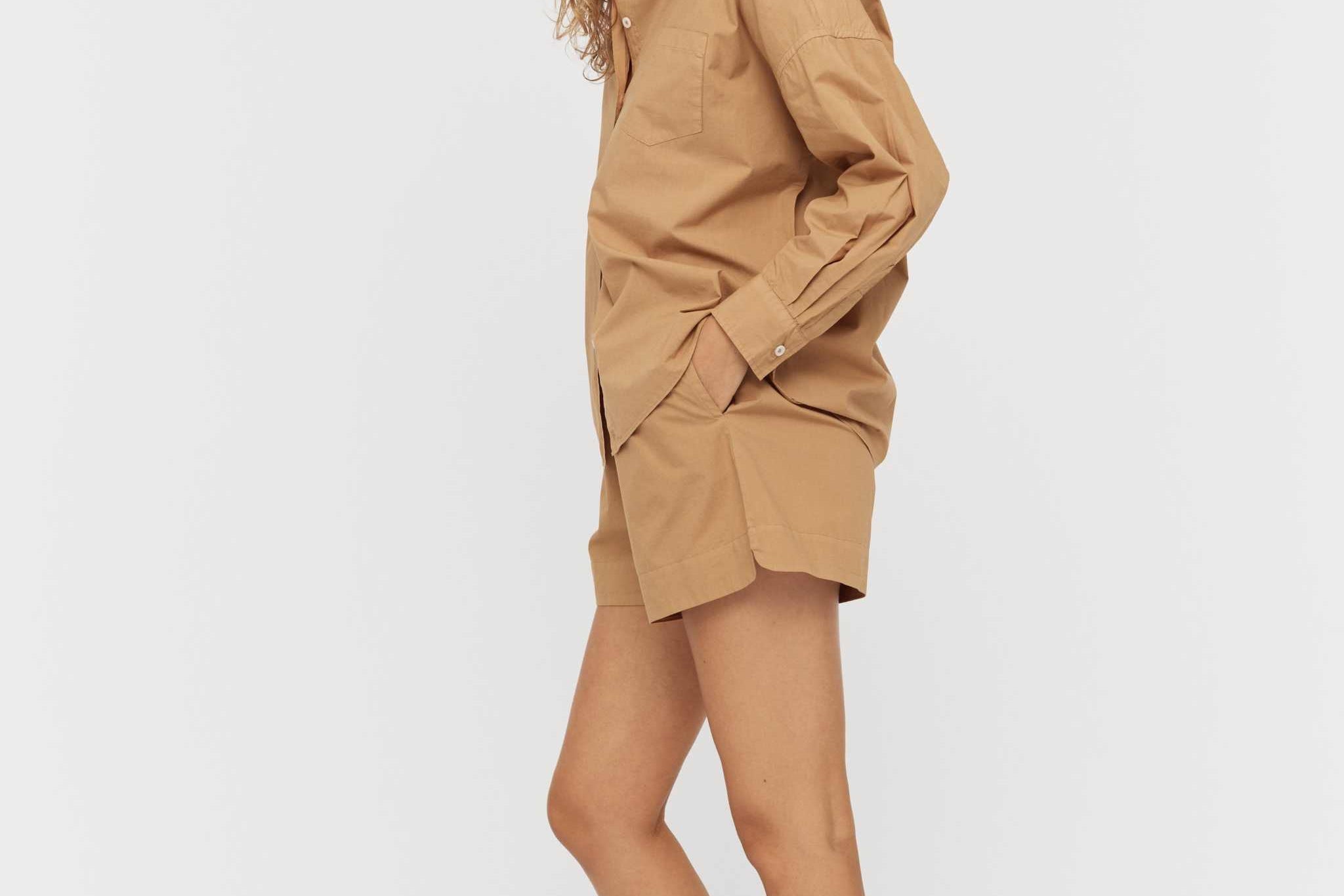 Chiara Long Sleeve Shirt in toffee color with relaxed fit and chest pocket, made from 100% cotton.