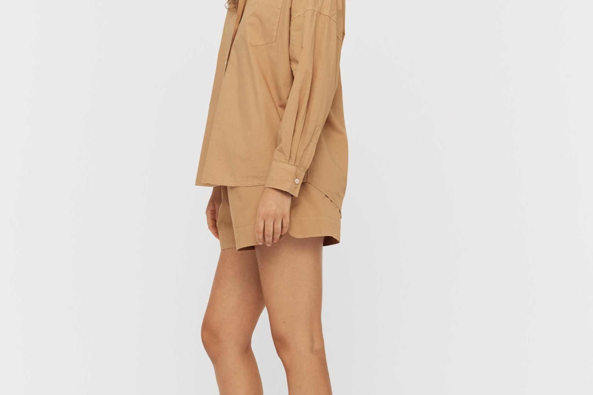 Chiara Long Sleeve Shirt in toffee, classic cotton button-up with relaxed fit and chest pocket