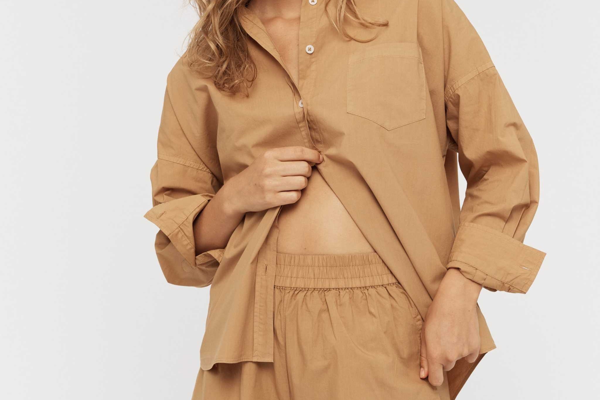Chiara Long Sleeve Shirt in toffee color with relaxed fit and chest pocket, made from 100% cotton