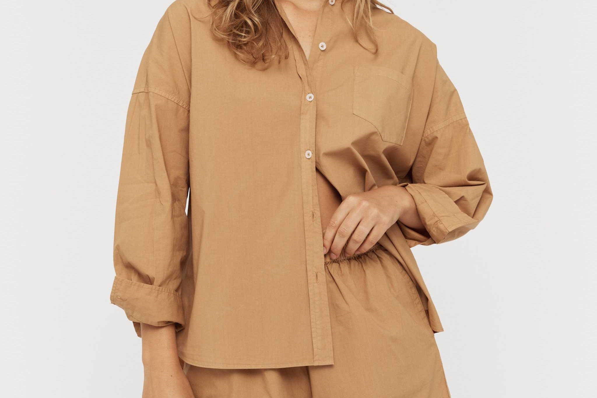 Chiara Long Sleeve Shirt in toffee color with relaxed fit and chest pocket, made from 100% cotton