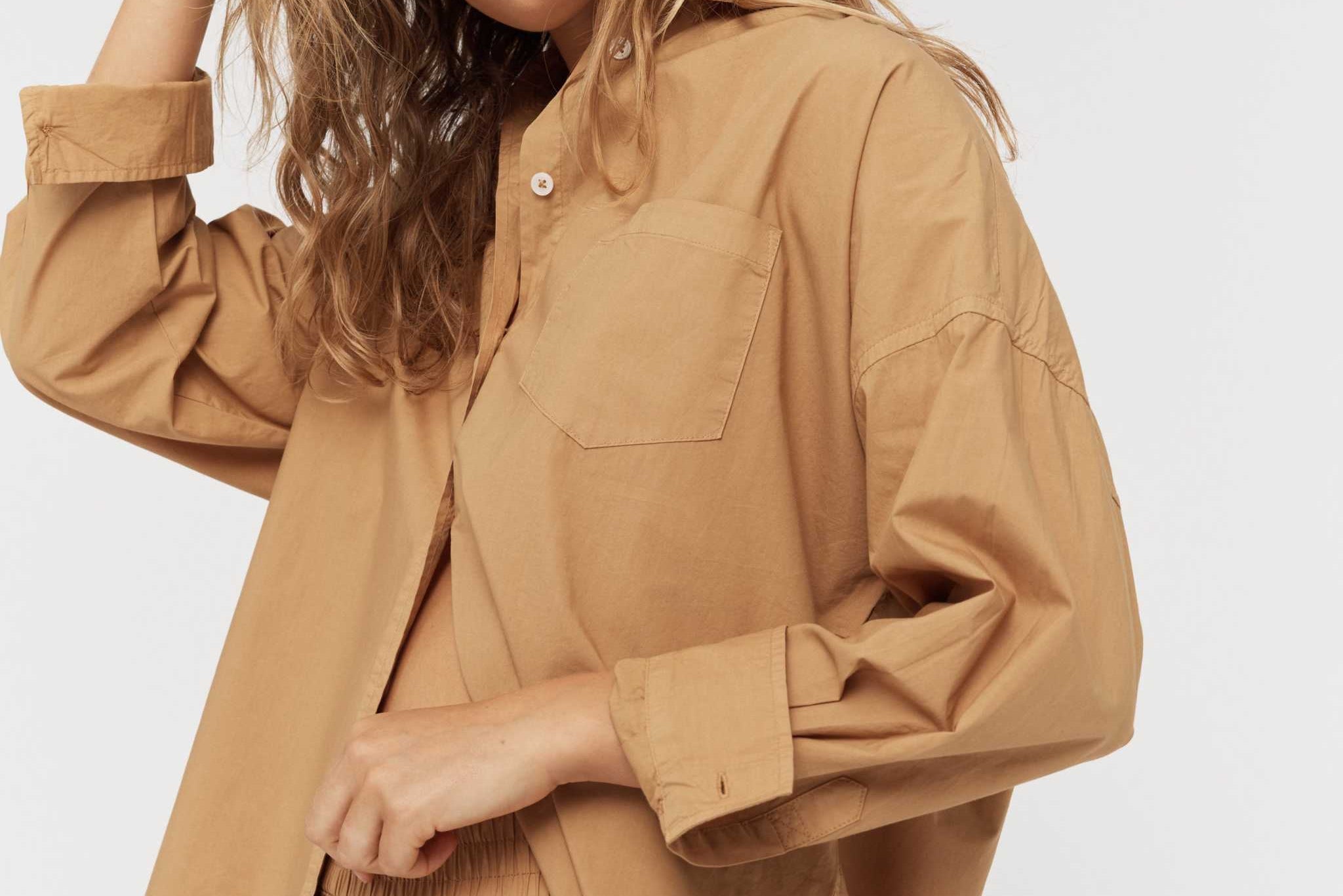 Classic Chiara Long Sleeve Shirt in toffee with relaxed fit and chest pocket, made from 100% cotton