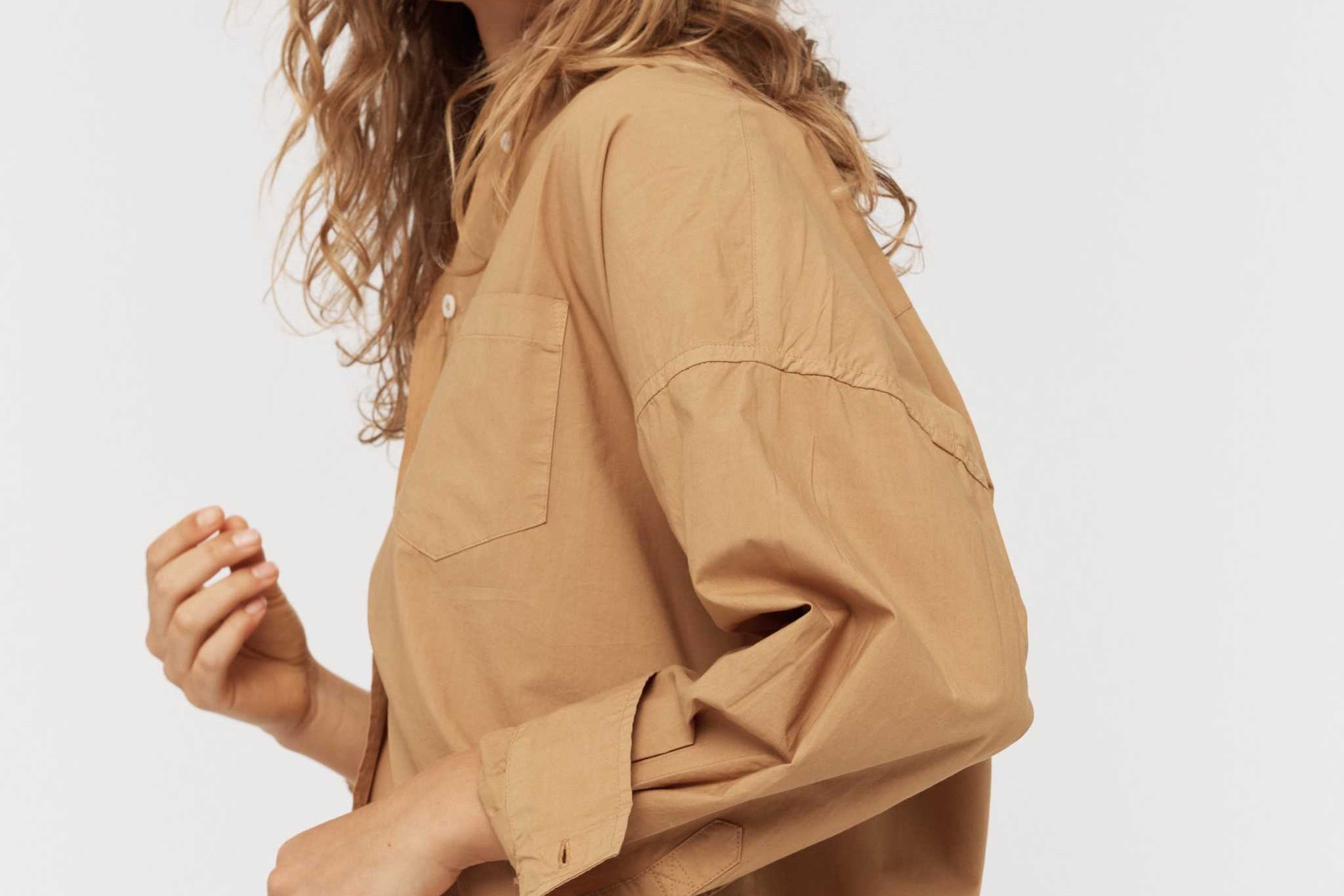 Chiara Long Sleeve Shirt in toffee color with relaxed fit and chest pocket, made from 100% cotton