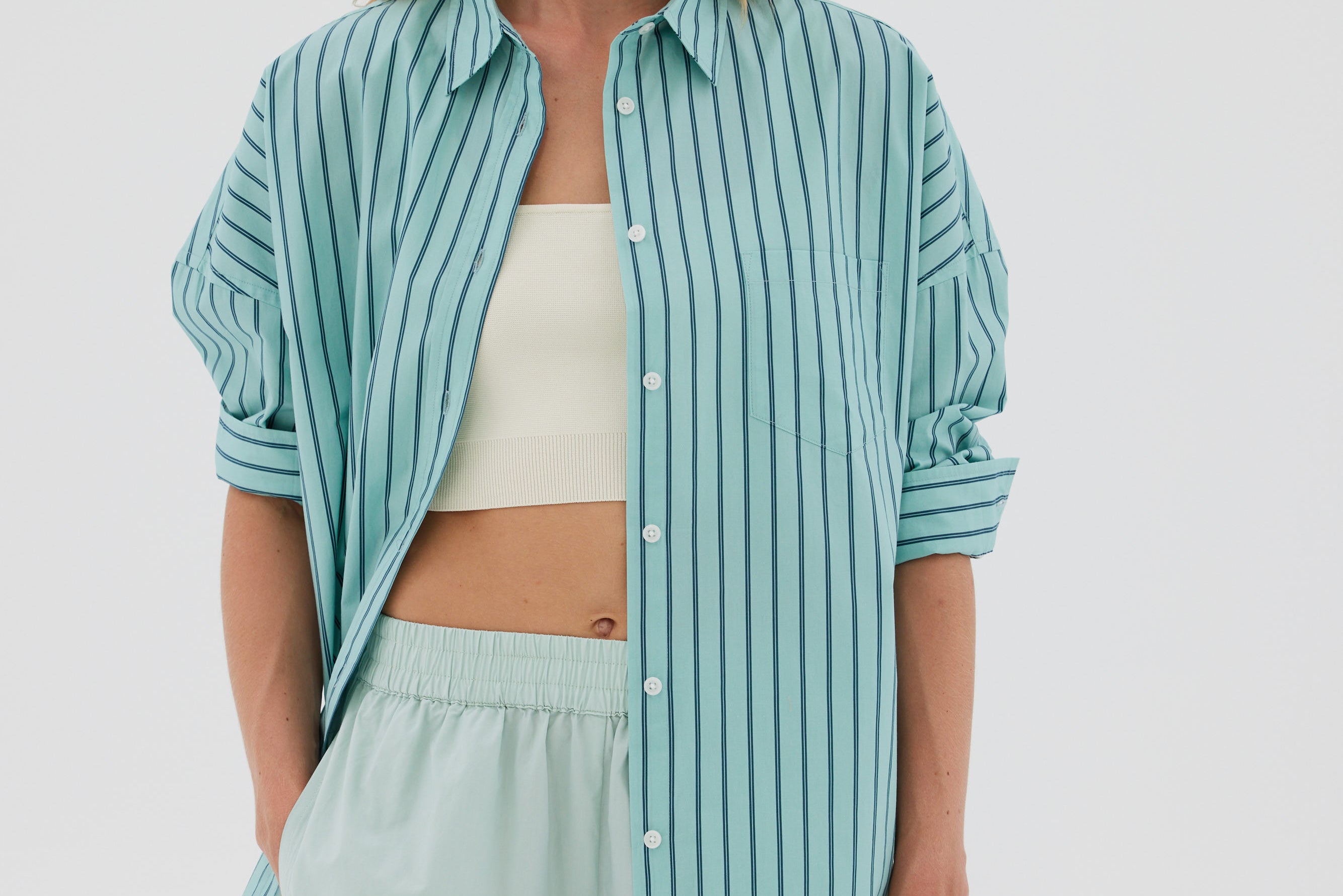 Chiara Shirt Mid-length Stripe - Teal / Sage – LMND