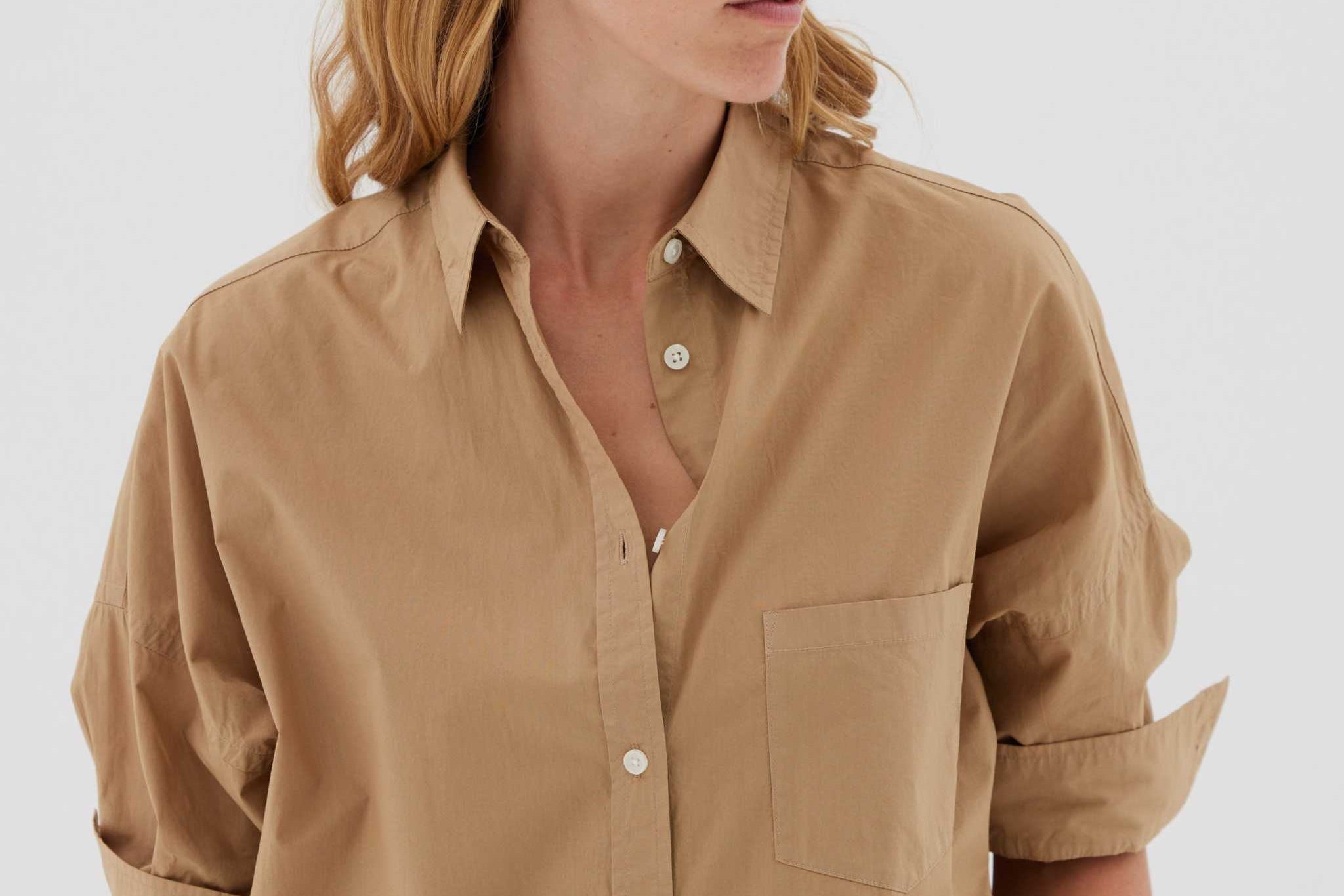 Chiara Long Sleeve Shirt in toffee with relaxed fit and chest pocket, made from 100% cotton