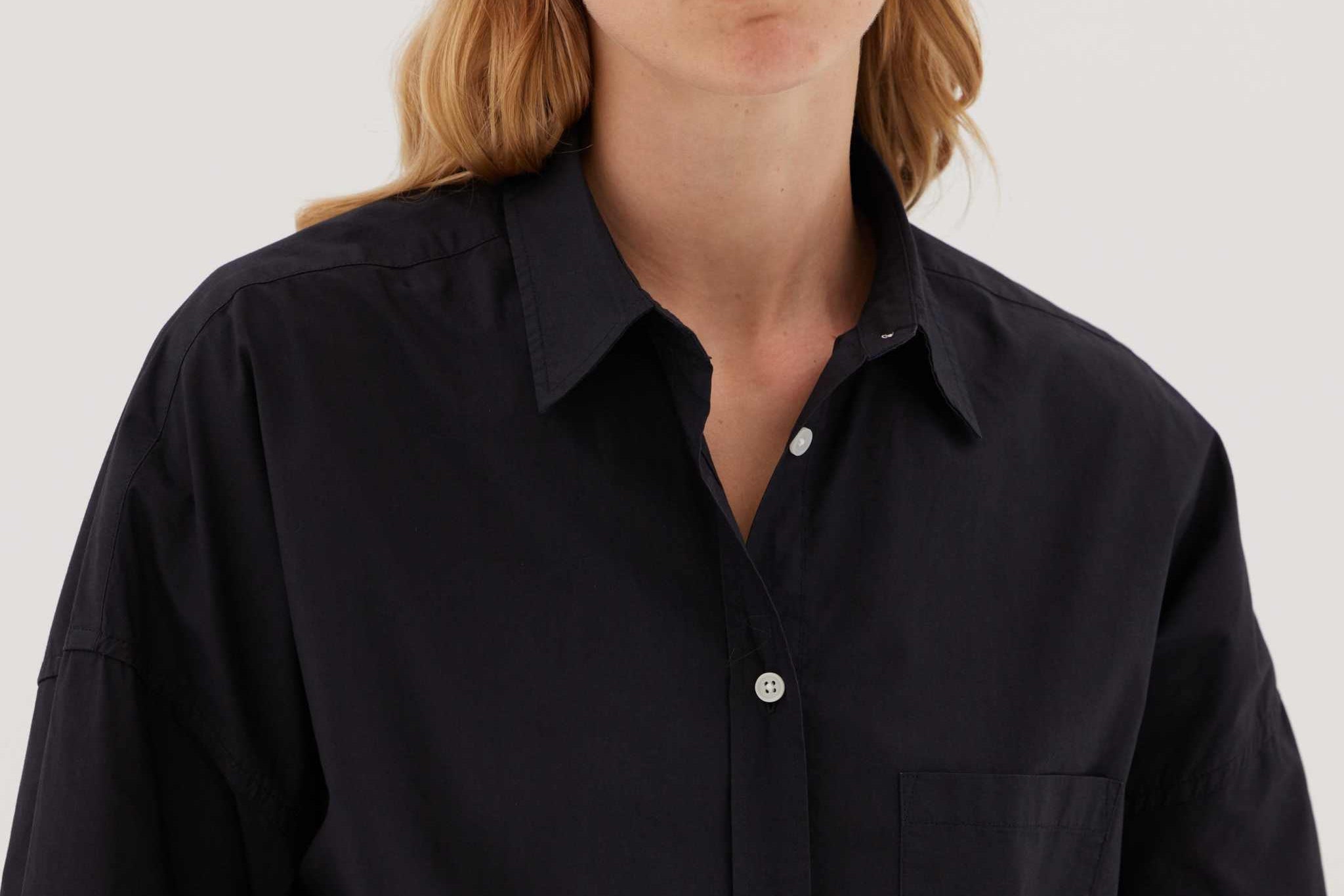 Black Chiara Signature classic button-up shirt in lightweight 100% cotton with relaxed fit and chest pocket