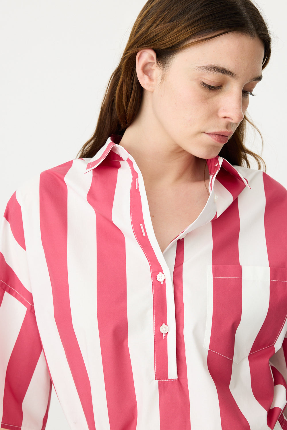 White And Raspberry Color Shirt Chiara Half Placket Short Sleeve Shirt - Raspberry/White Stripe – LMND