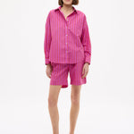 Chiara oversized striped shirt in fuchsia, true red, and natural with drop shoulders and chest pocket