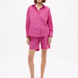 Chiara oversized striped shirt in fuchsia, true red, and natural with drop shoulders and chest pocket