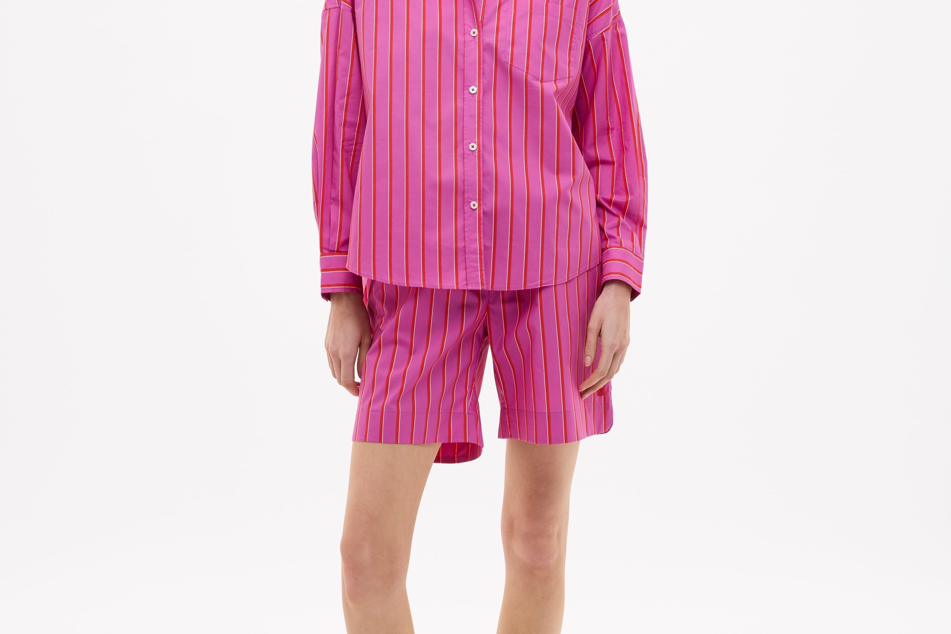Chiara oversized striped shirt in fuchsia, true red, and natural with drop shoulders and chest pocket