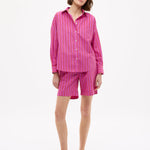 Chiara Oversized striped shirt in fuchsia, true red, and natural with relaxed fit and chest pocket
