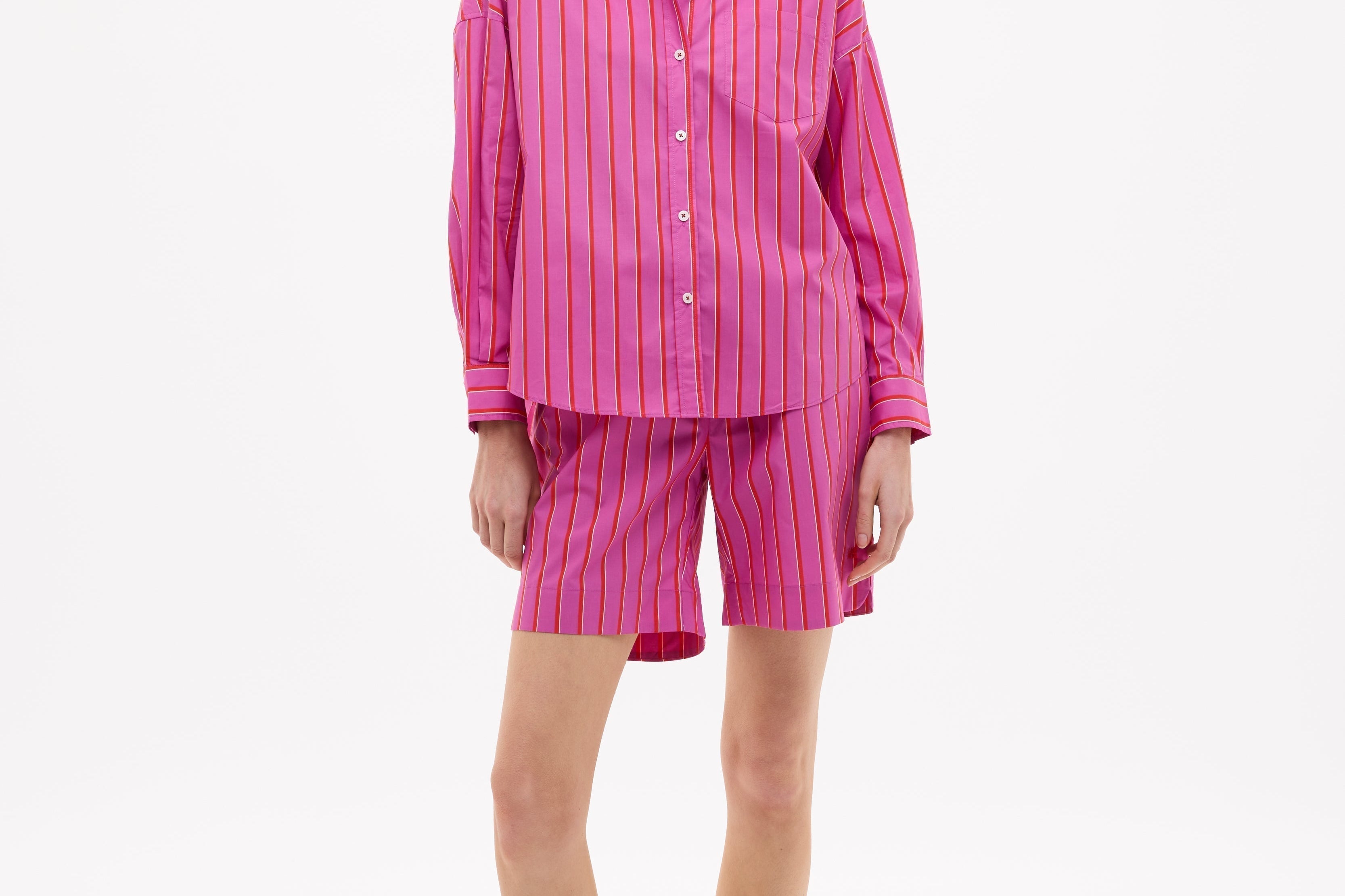 Chiara Oversized striped shirt in fuchsia, true red, and natural with relaxed fit and chest pocket