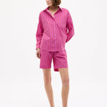 Chiara oversized striped shirt in fuchsia, true red, and natural with drop shoulders and chest pocket