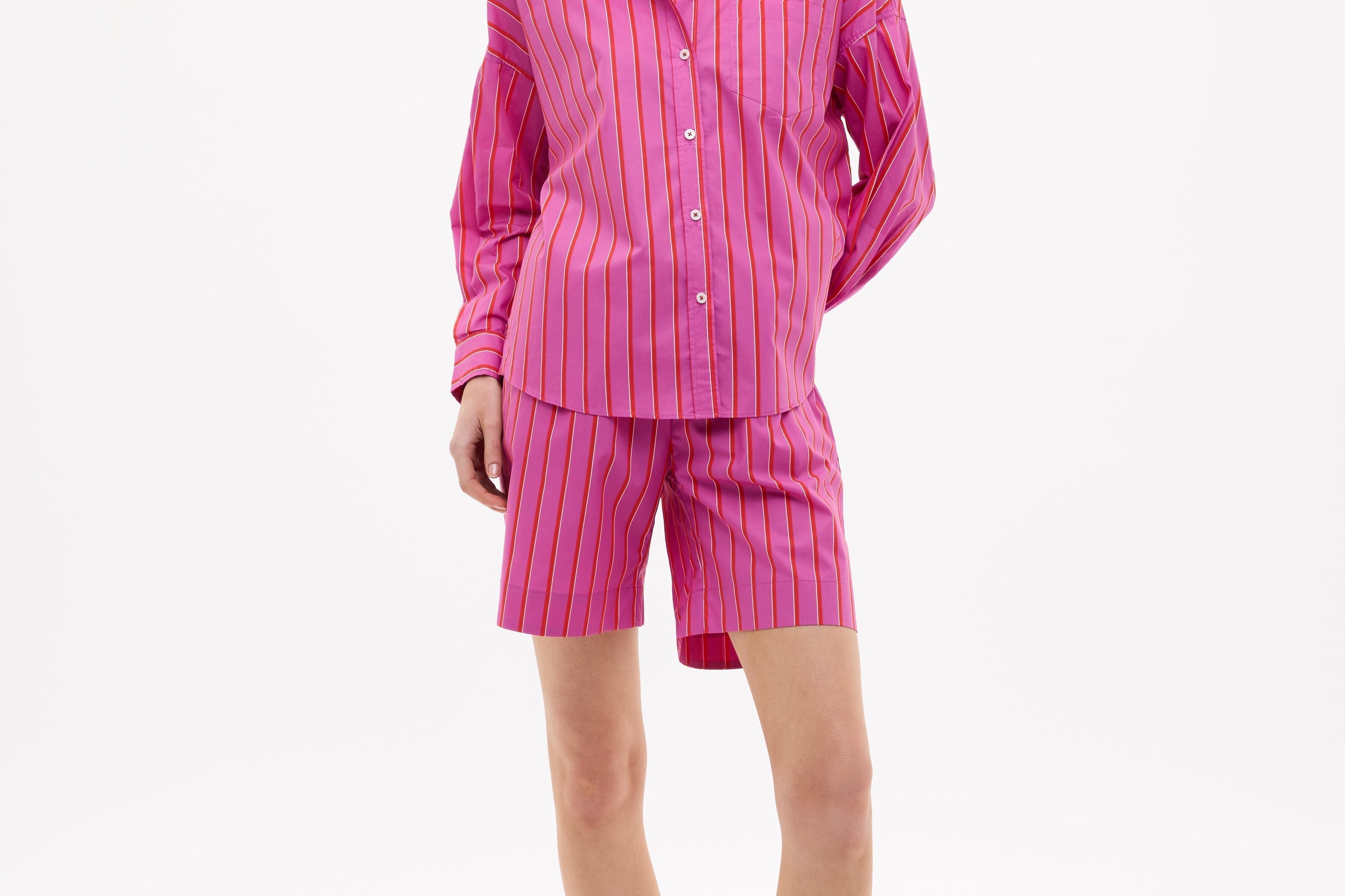 Chiara oversized striped shirt in fuchsia, true red, and natural with drop shoulders and chest pocket