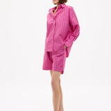 Chiara oversized striped shirt in fuchsia, true red, and natural with relaxed fit and chest pocket
