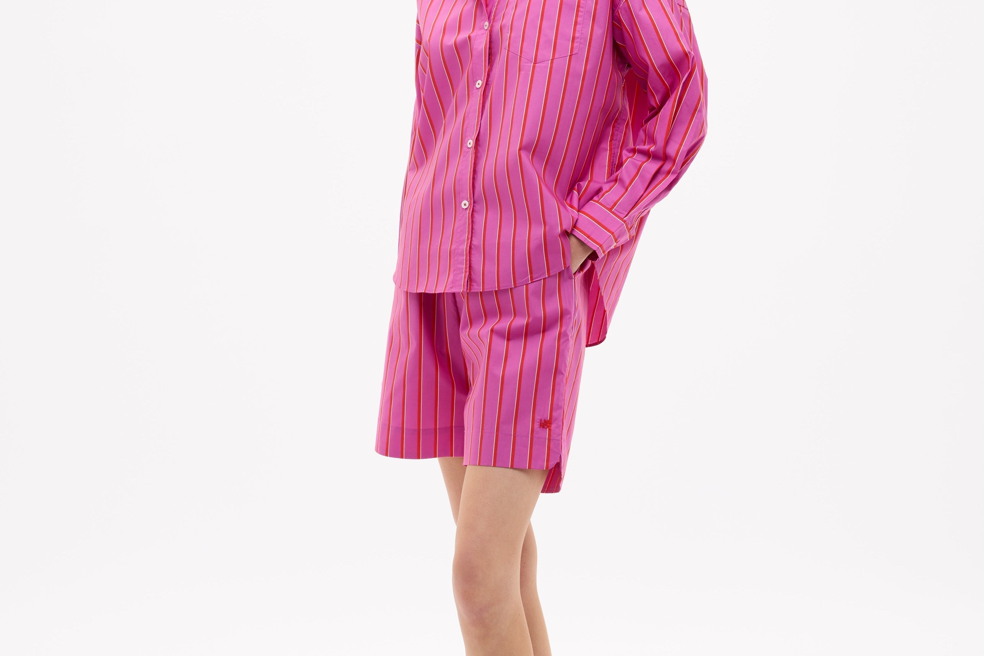 Chiara oversized striped shirt in fuchsia, true red, and natural with relaxed fit and chest pocket