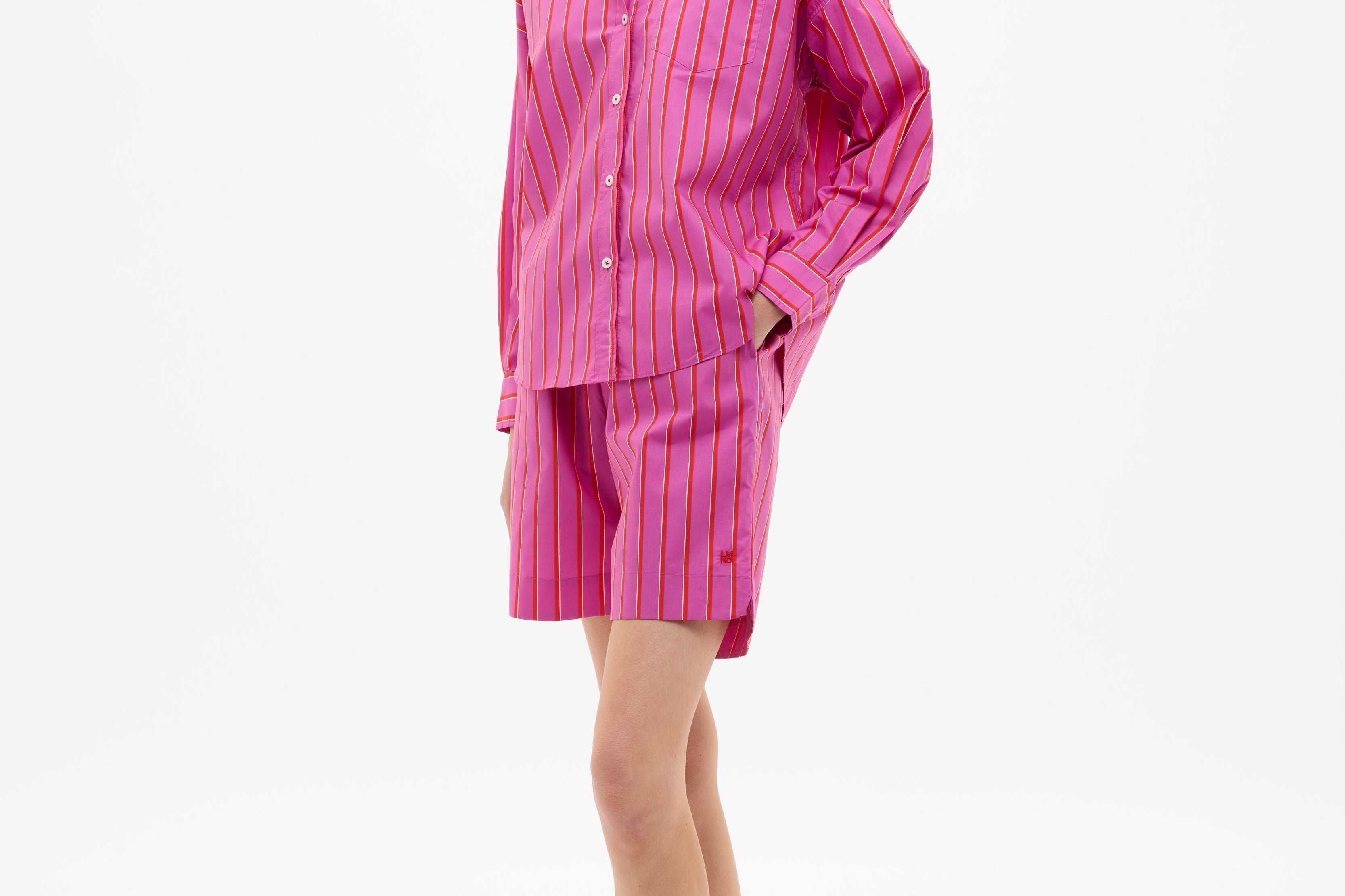 Chiara oversized striped shirt in fuchsia, true red and natural with drop shoulders and chest pocket