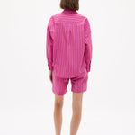 Chiara Oversized striped shirt in fuchsia, true red, and natural stripes with drop shoulders and chest pocket