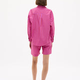 Chiara Oversized striped shirt in fuchsia, true red, and natural stripes with drop shoulders and chest pocket