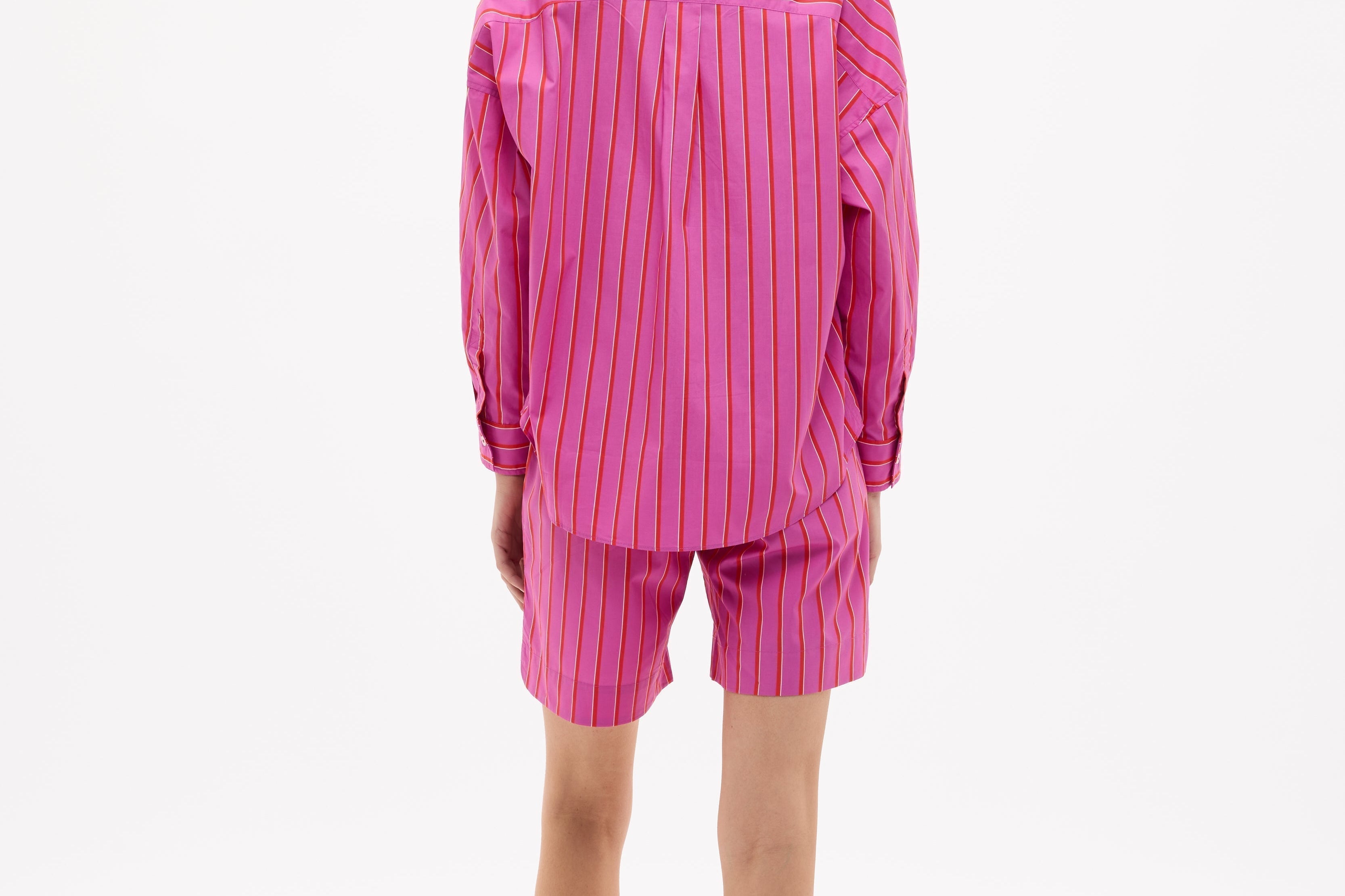 Chiara Oversized striped shirt in fuchsia, true red, and natural stripes with drop shoulders and chest pocket
