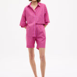 Chiara Oversized striped shirt in fuchsia, true red, and natural stripes with relaxed fit and chest pocket