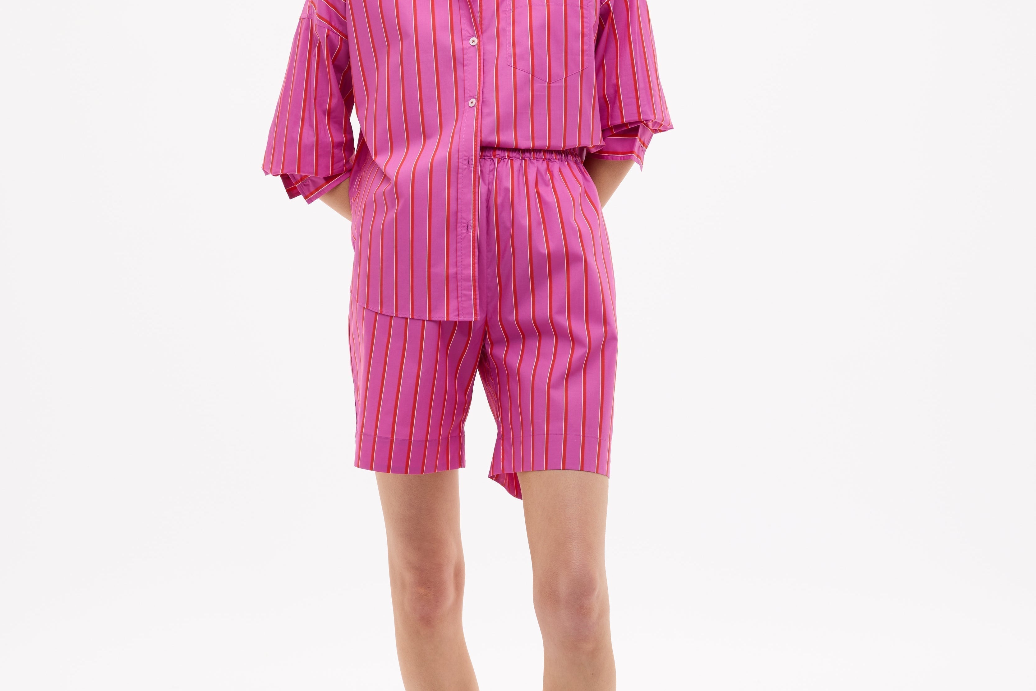 Chiara Oversized striped shirt in fuchsia, true red, and natural stripes with relaxed fit and chest pocket