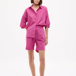 Chiara Oversized striped shirt in fuchsia, true red, and natural cotton with relaxed fit and chest pocket