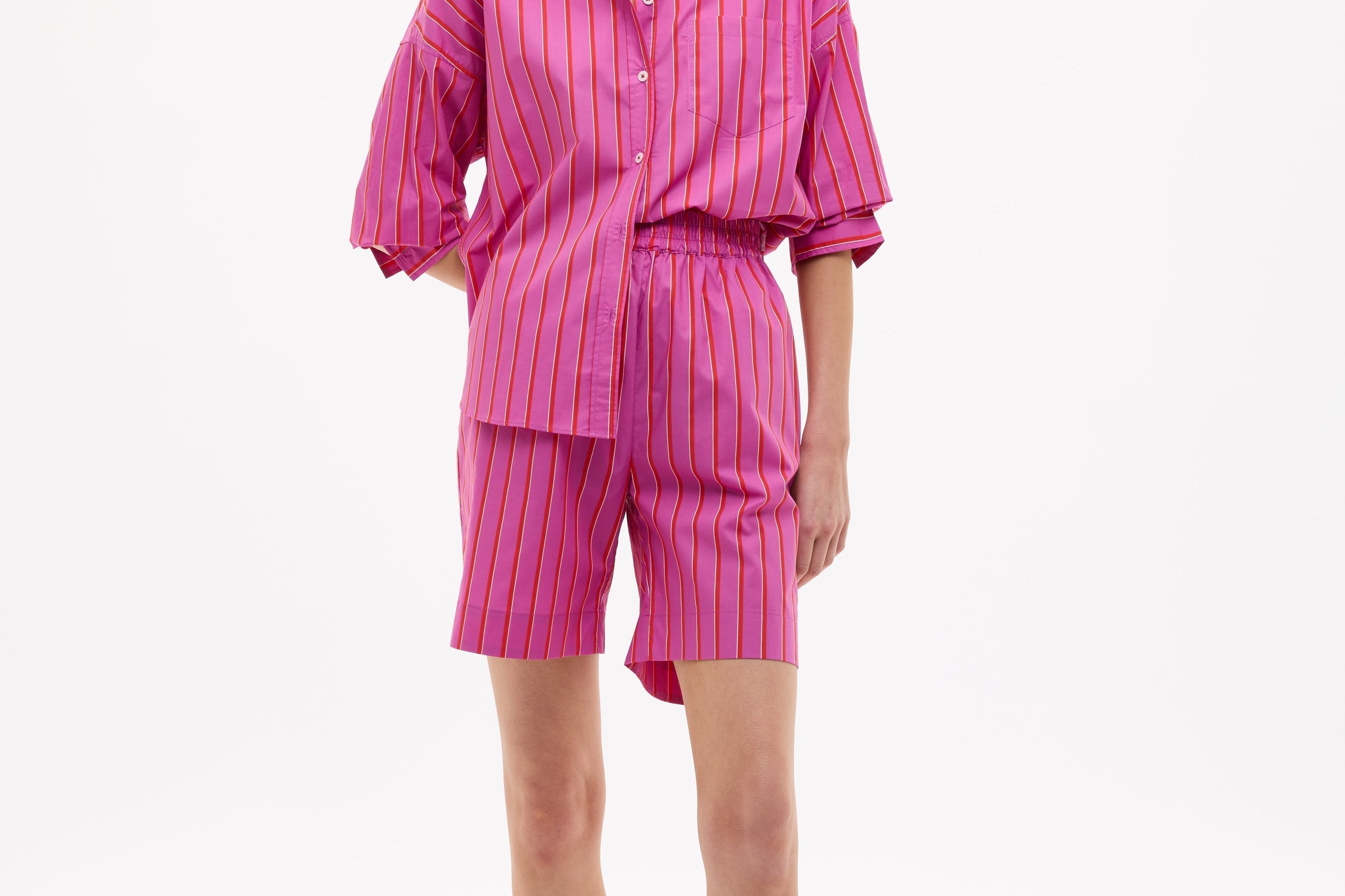 Chiara Oversized striped shirt in fuchsia, true red, and natural cotton with relaxed fit and chest pocket