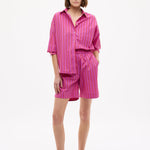 Chiara Oversized Striped Shirt in fuchsia, true red, and natural with relaxed silhouette and chest pocket