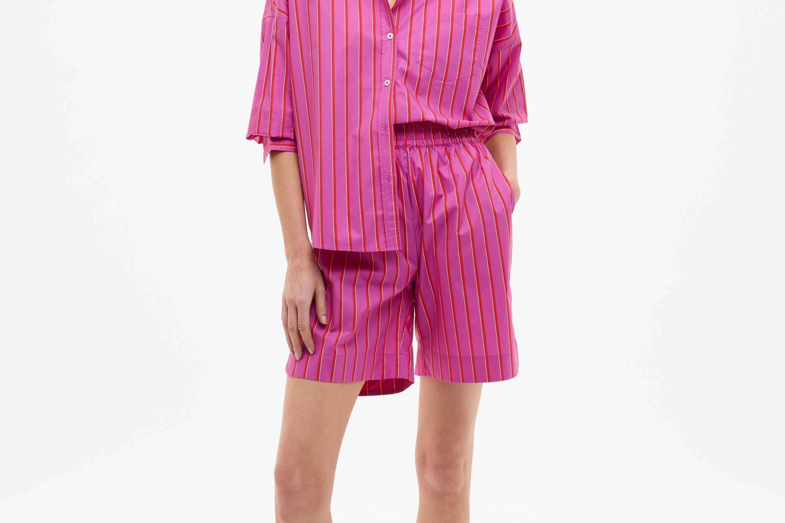 Chiara Oversized Striped Shirt in fuchsia, true red, and natural with relaxed silhouette and chest pocket