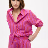 Chiara Oversized striped shirt in fuchsia, true red, and natural stripes with drop shoulders and chest pocket
