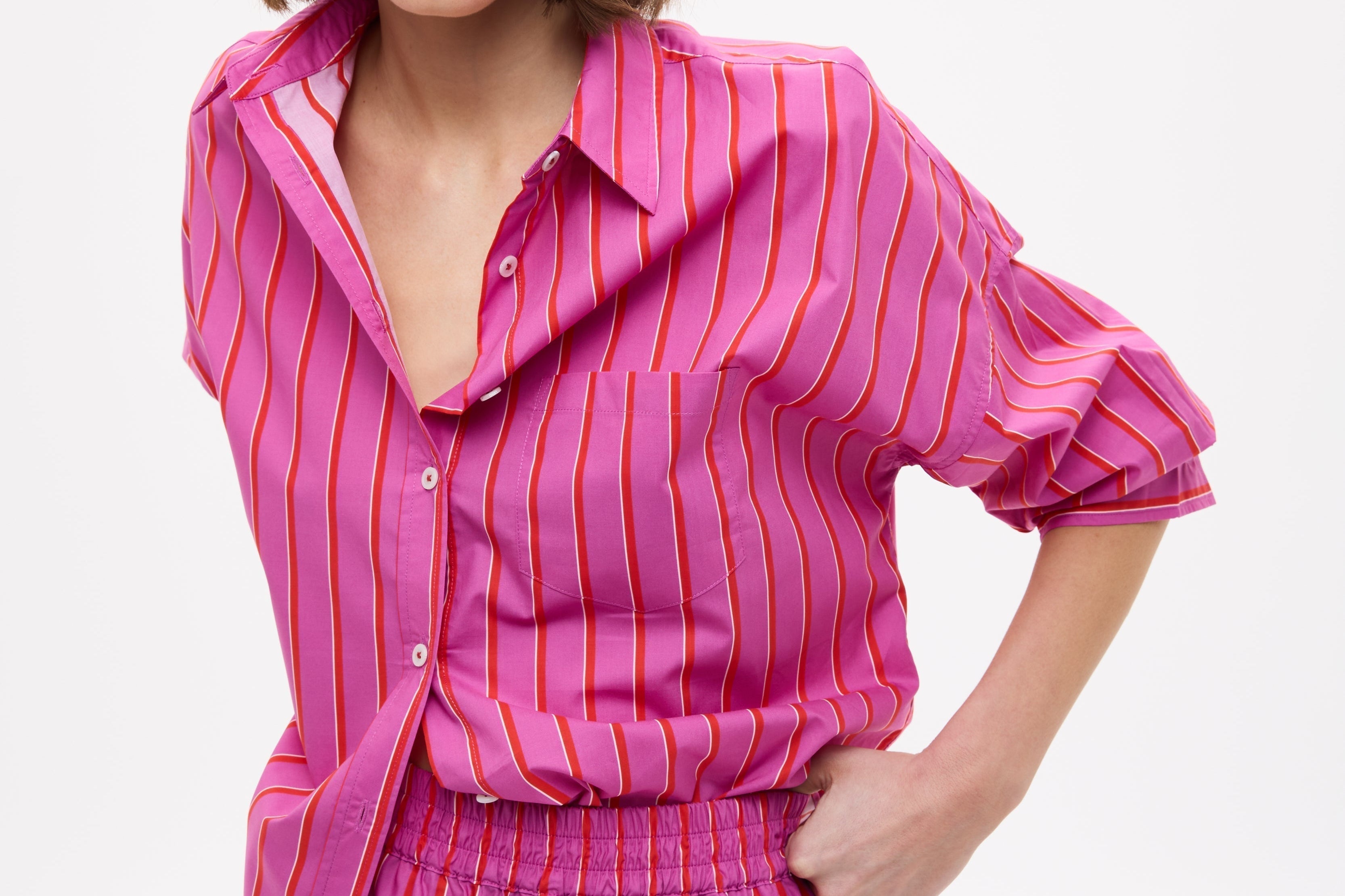 Chiara Oversized striped shirt in fuchsia, true red, and natural stripes with drop shoulders and chest pocket