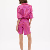 Chiara Oversized striped shirt in fuchsia, true red, and natural stripes with relaxed fit and chest pocket