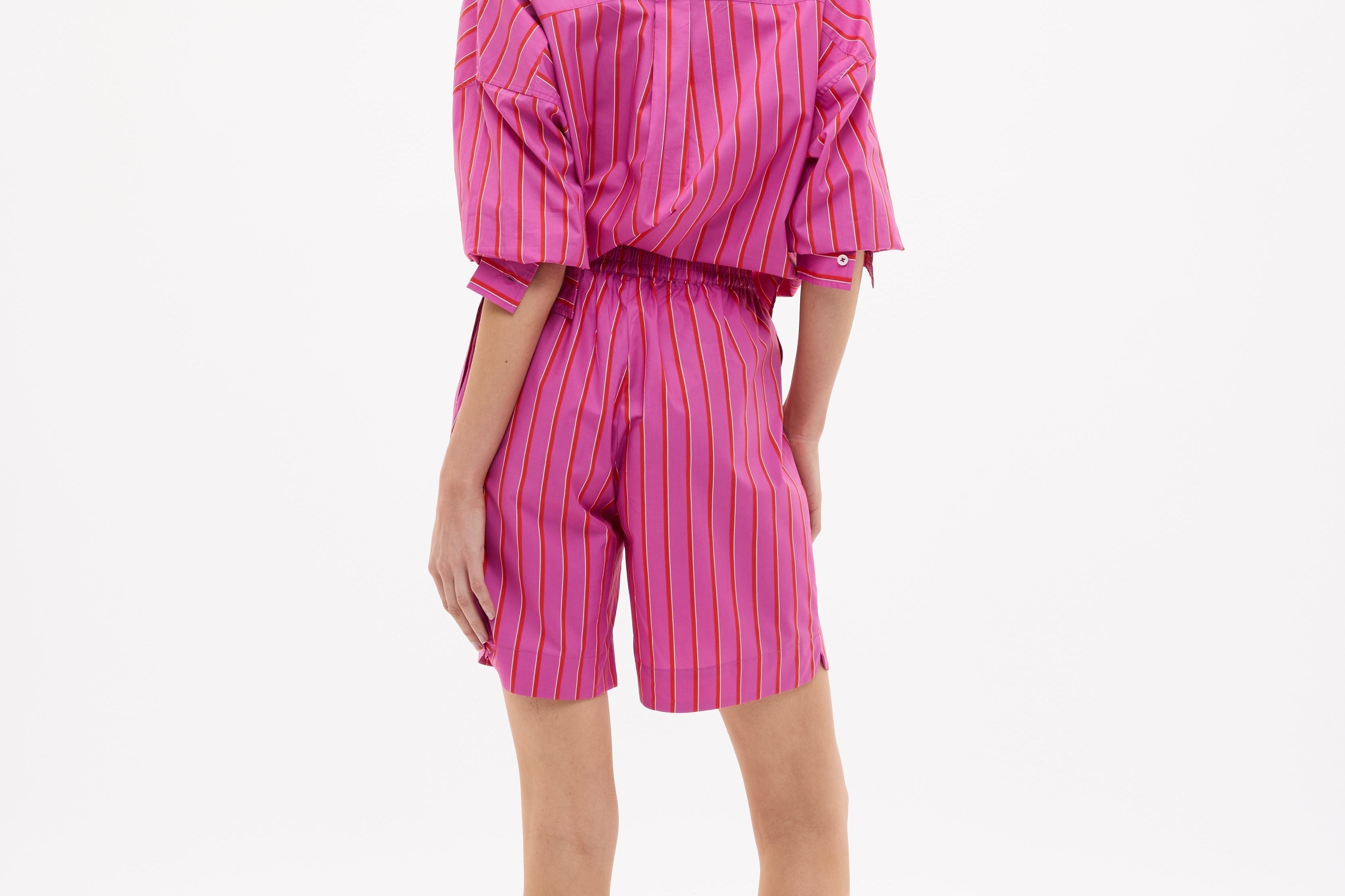 Chiara Oversized striped shirt in fuchsia, true red, and natural stripes with relaxed fit and chest pocket
