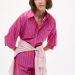 Chiara Oversized striped shirt in fuchsia, true red, and natural stripes with drop shoulders and chest pocket