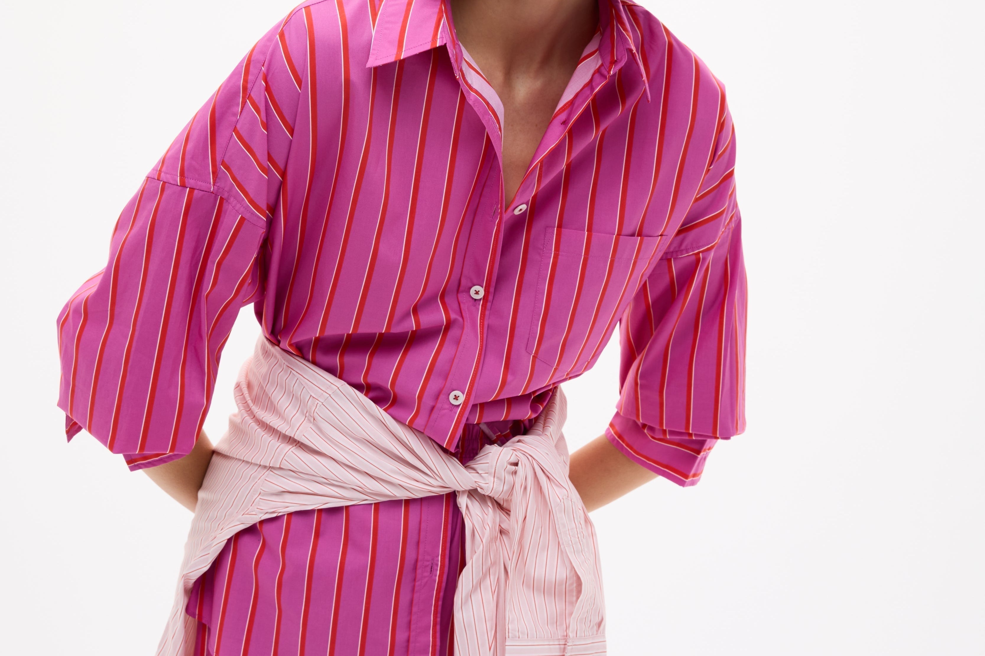 Chiara Oversized striped shirt in fuchsia, true red, and natural stripes with drop shoulders and chest pocket