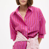 Chiara Oversized striped shirt in fuchsia, true red, and natural stripes with relaxed fit and chest pocket