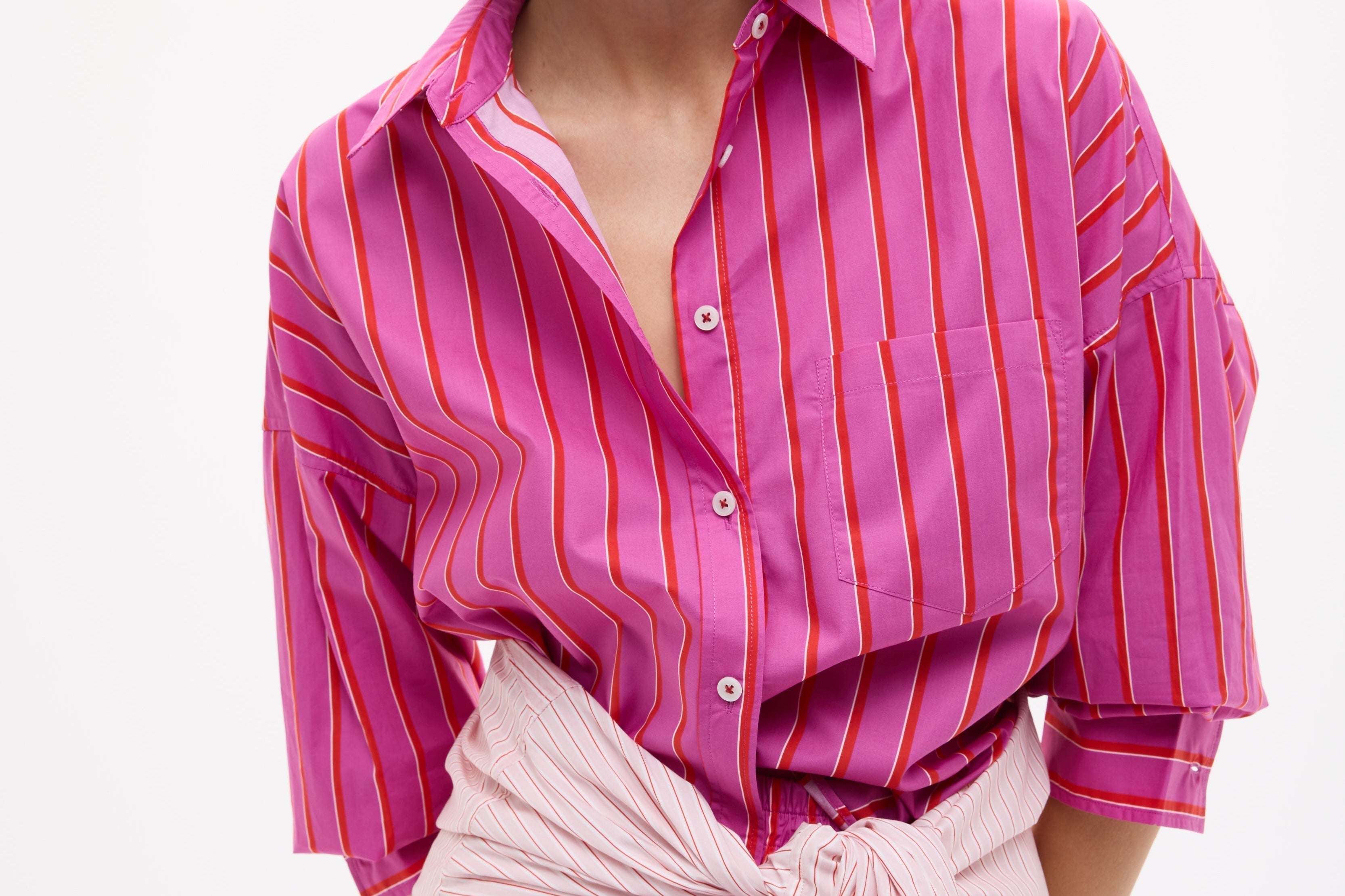 Chiara Oversized striped shirt in fuchsia, true red, and natural stripes with relaxed fit and chest pocket