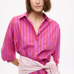 Chiara Oversized Striped Shirt in fuchsia, true red, and natural with relaxed fit and chest pocket