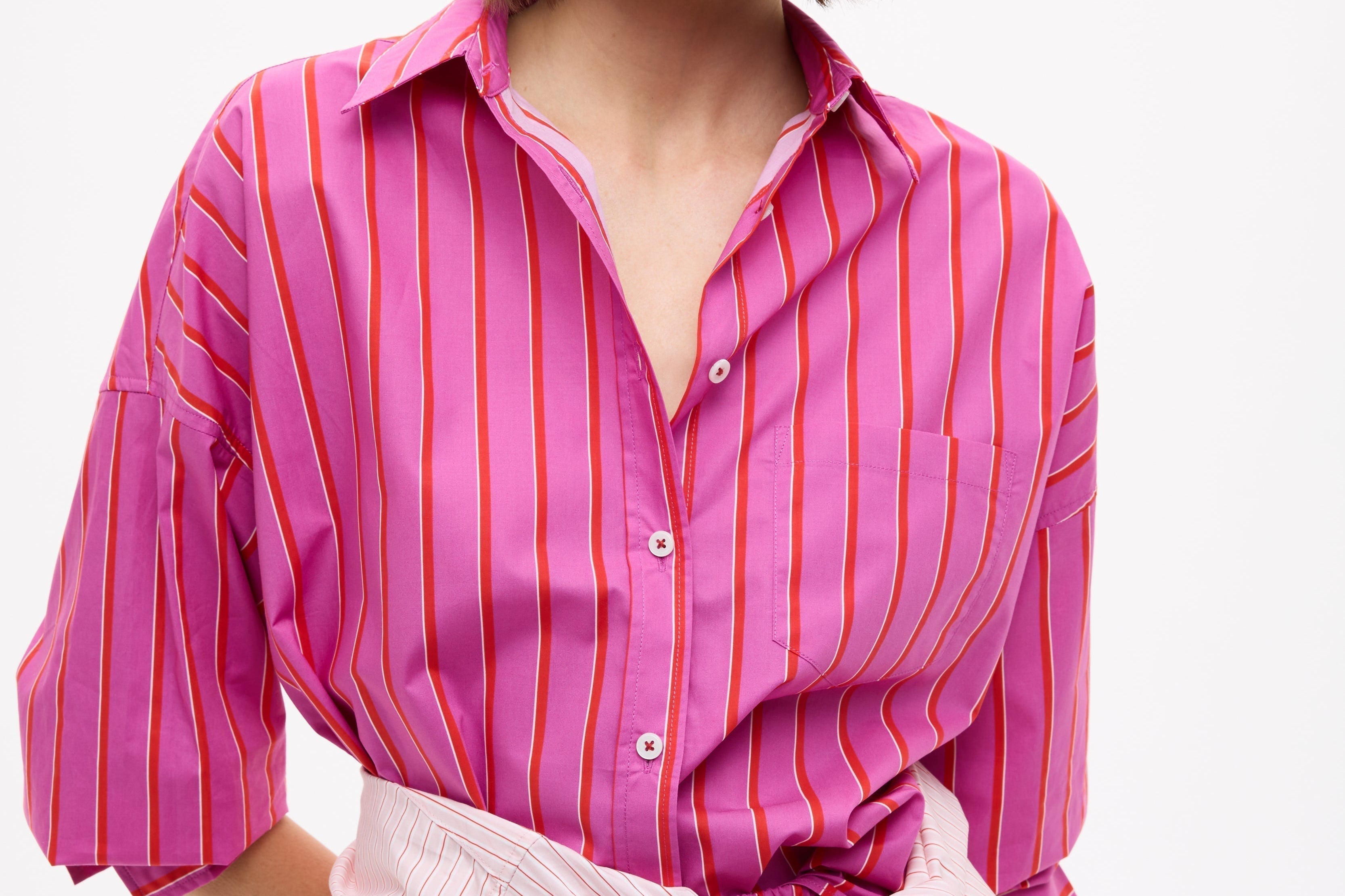 Chiara Oversized Striped Shirt in fuchsia, true red, and natural with relaxed fit and chest pocket