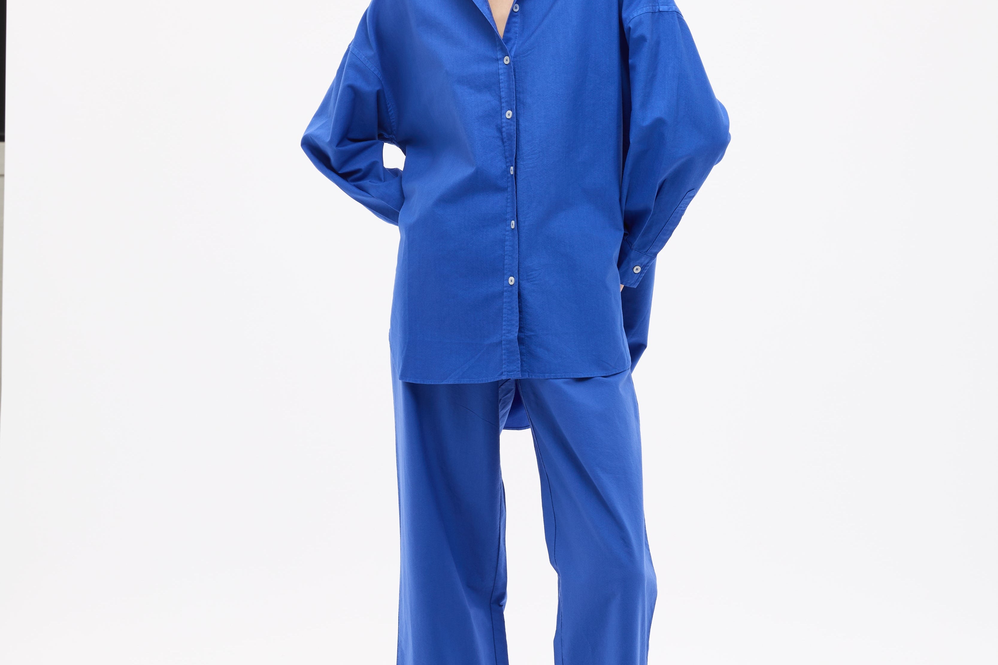 Mara Oversized Long Sleeve Shirt in cobalt blue with 100% cotton pinpoint, oversized fit, and structured design