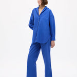 Mara Oversized Long Sleeve Shirt in cobalt blue, 100% cotton, oversized fit, long sleeves, structured tailored design