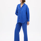Mara Oversized Long Sleeve Shirt in cobalt blue, 100% cotton, oversized fit, long sleeves, structured tailored design
