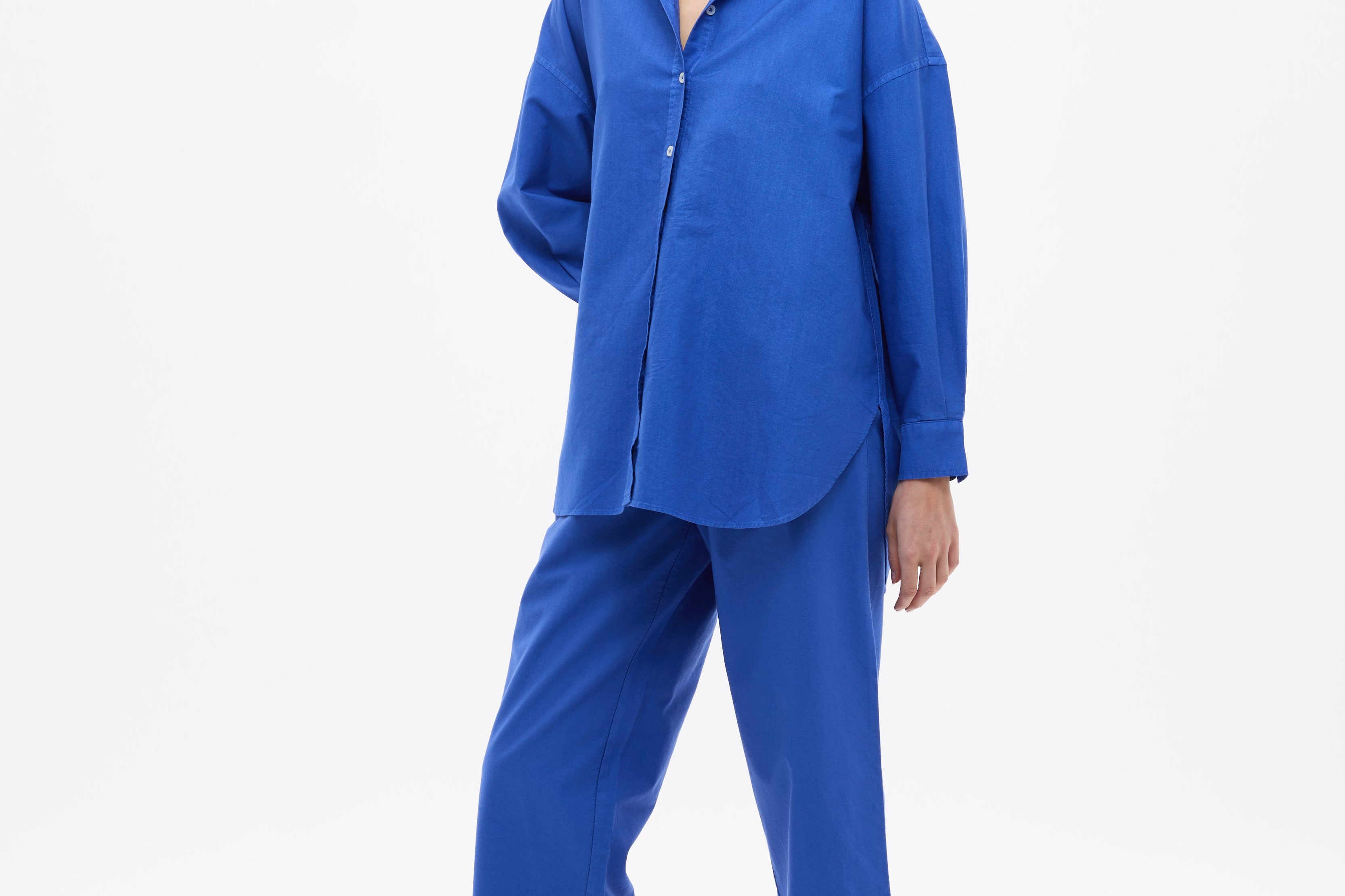 Mara Oversized Long Sleeve Shirt in cobalt blue, 100% cotton, oversized fit, long sleeves, structured tailored design