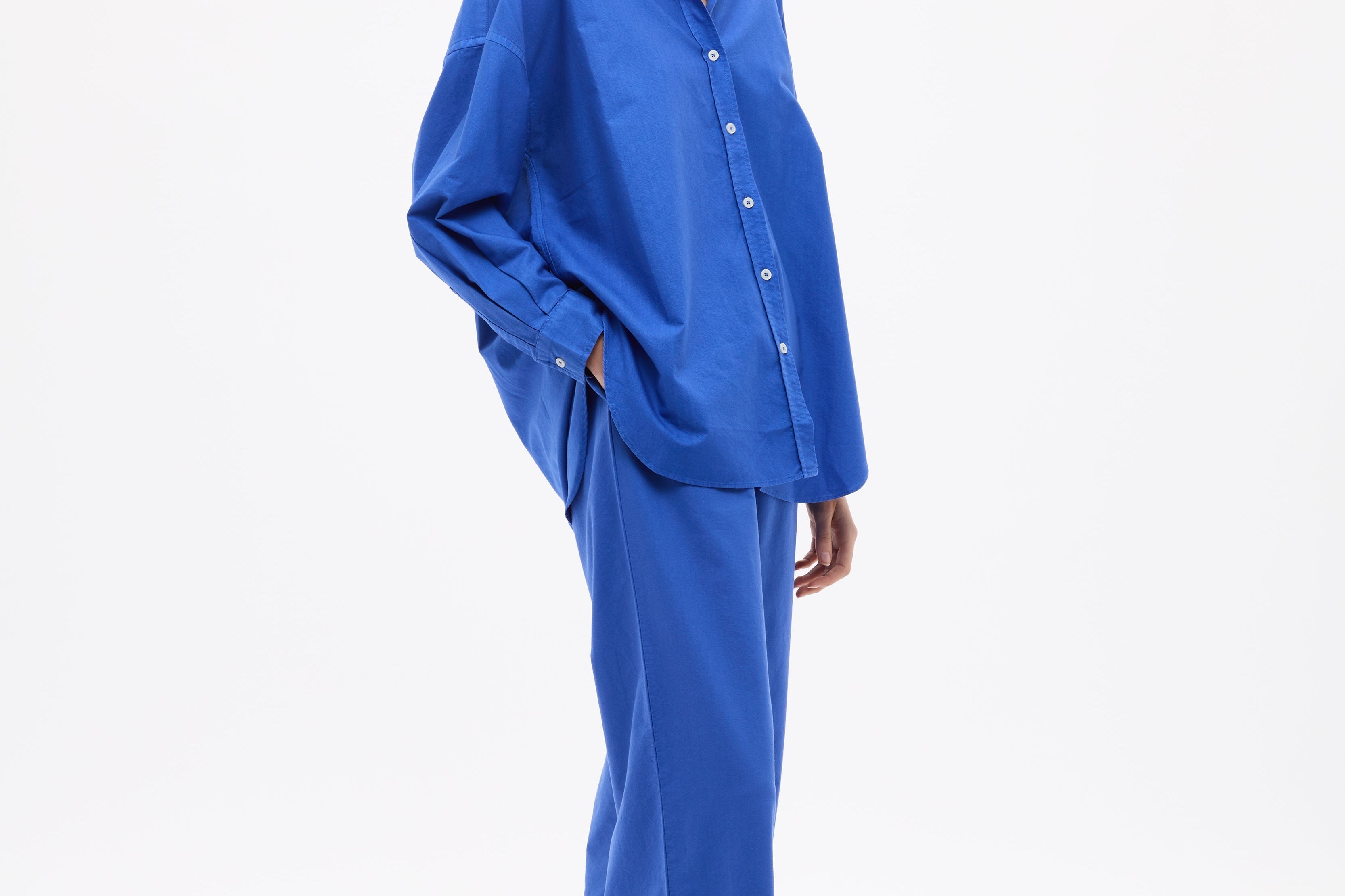 Mara Oversized Long Sleeve Shirt in cobalt blue with structured fit and long sleeves