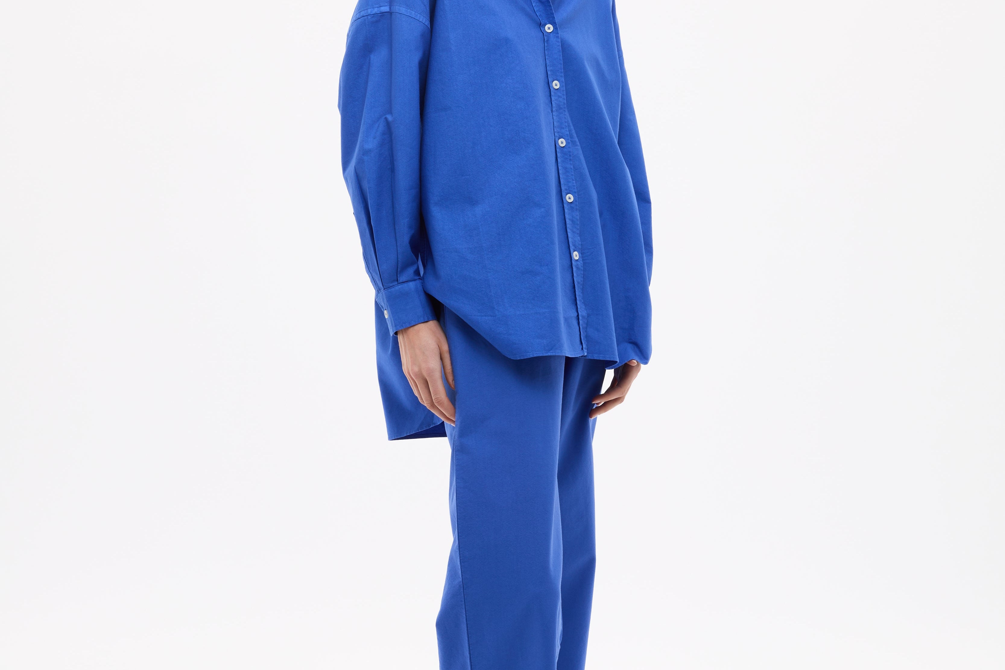 Mara Oversized Long Sleeve Shirt in cobalt blue with structured cotton pinpoint fabric and oversized fit
