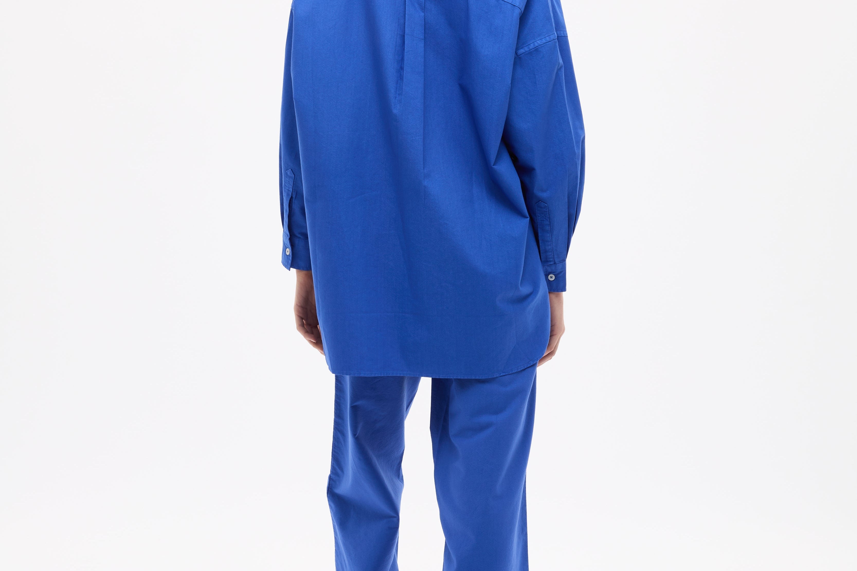 Mara Oversized Long Sleeve Shirt in cobalt blue, 100% cotton pinpoint with structured, oversized fit and long sleeves.
